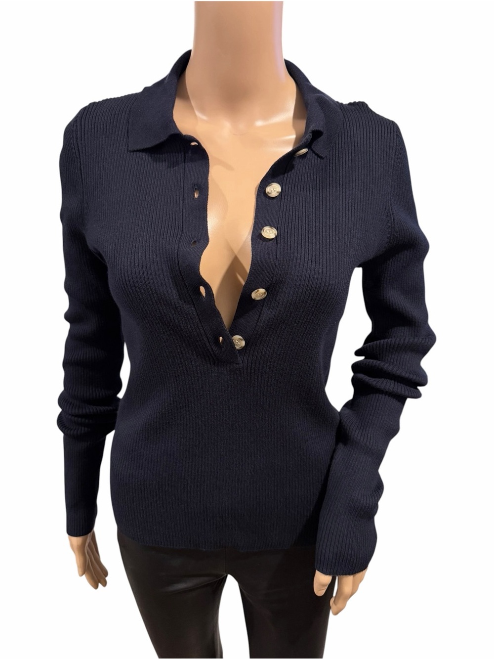 Faherty Womens Mikki Ribbed Polo Cotton Cashmere Sweater Navy Size M MSRP $168 - Picture 2 of 12